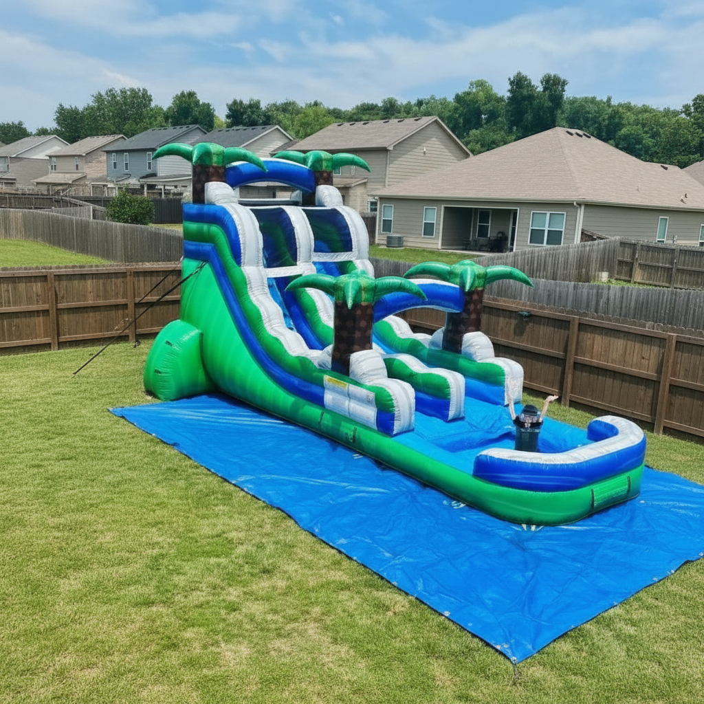 Tiki Falls green and blue wet water slide with palm trees and splash pool